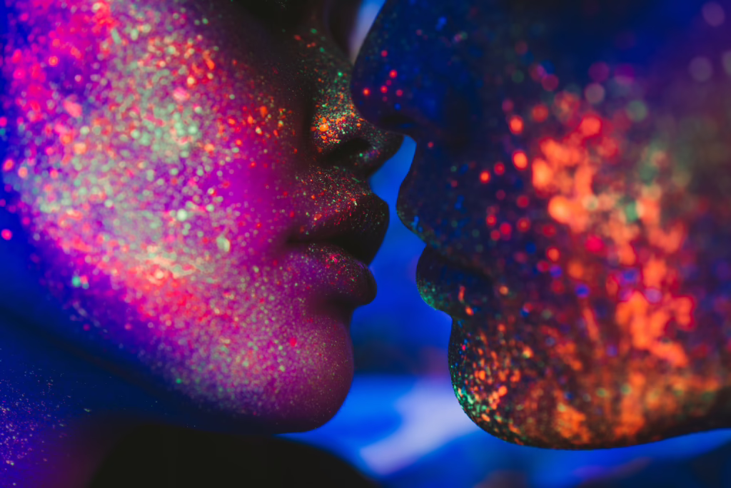 Ein Paar dass sich küsst, die Gesichter von Glitter bedeckt, der leuchtet. Eine Metapher für die Überlegenheit des Menschseins und der Liebe gegenüber der kalt-perfekten Empathie, die in der ChatGPT-Therapie versucht wird, zu erzeugen.