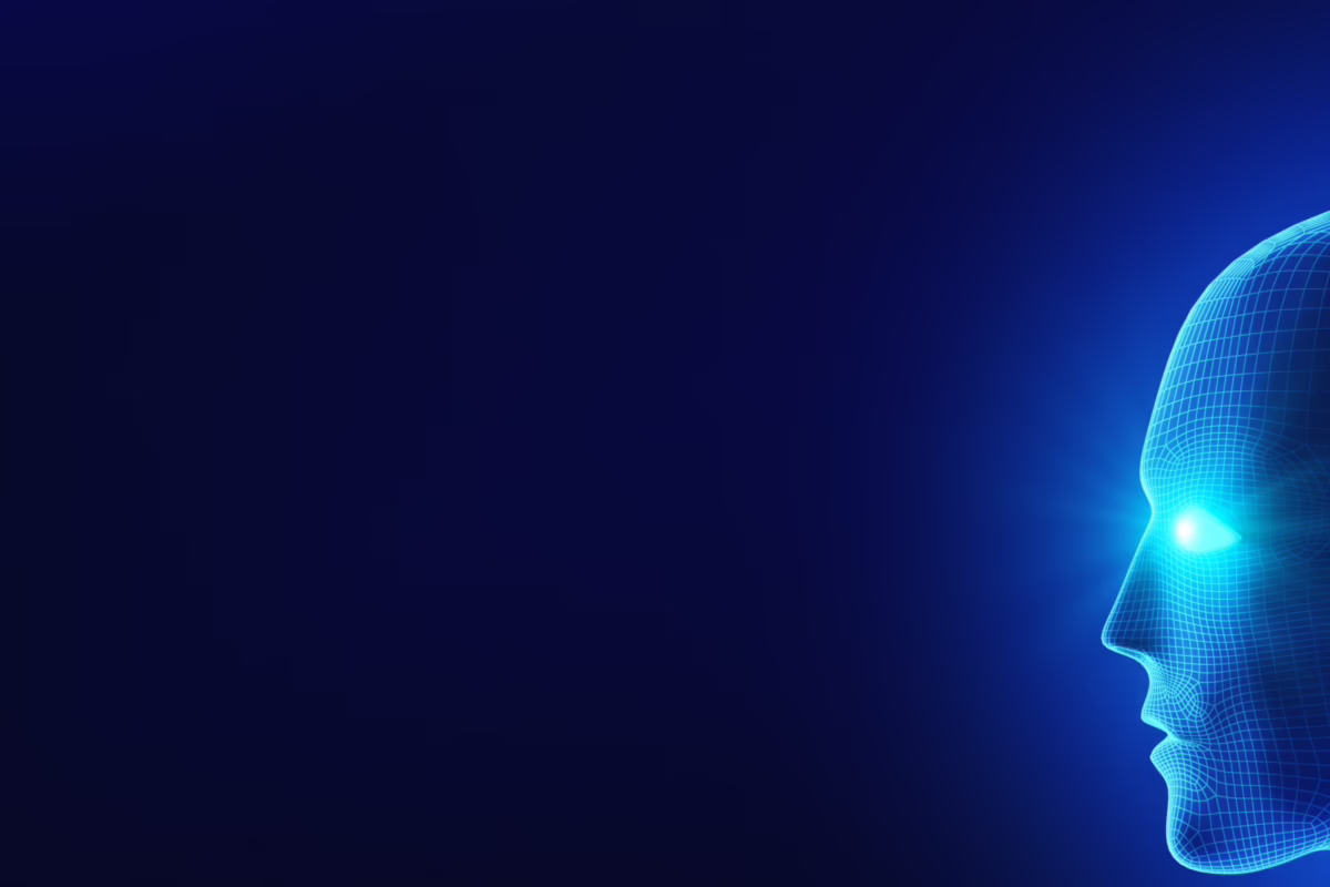 Ein stilisiertes blaues gesicht mit hell leuchtenden Augen vor blauem Hintergrund. Symbolbild für die scheinbar perfekte aber kalte Welt der künstlichen Intelligenz. Das ChatGPT-Gegenüber, dass man bei Therapie und Gesprächsversuchen immer vor Augen haben sollte.