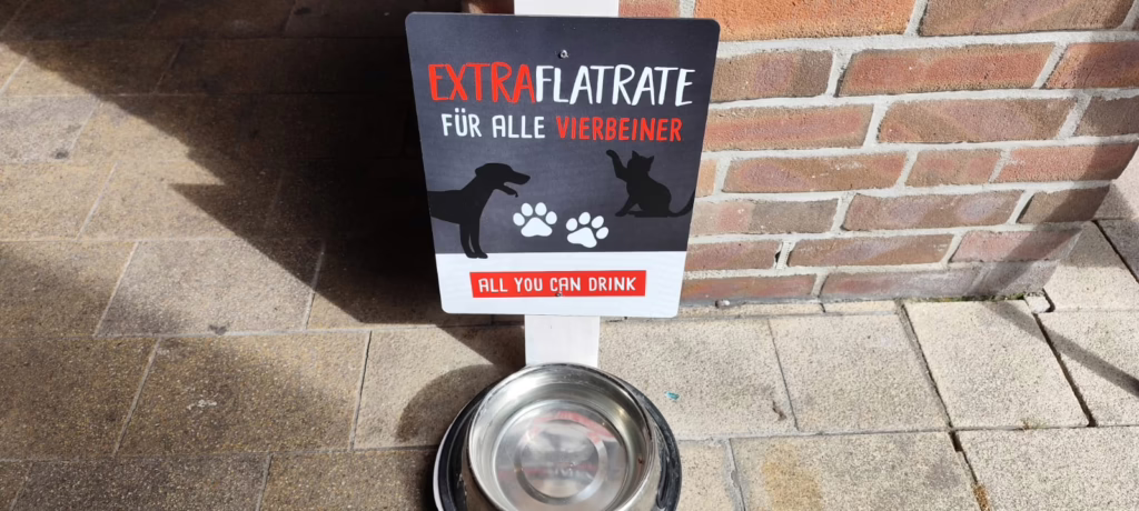 Hundebar am Café Extrablatt in Wesel am 12. September 2025. Mittagsspaziergang von Frances und Stephan
