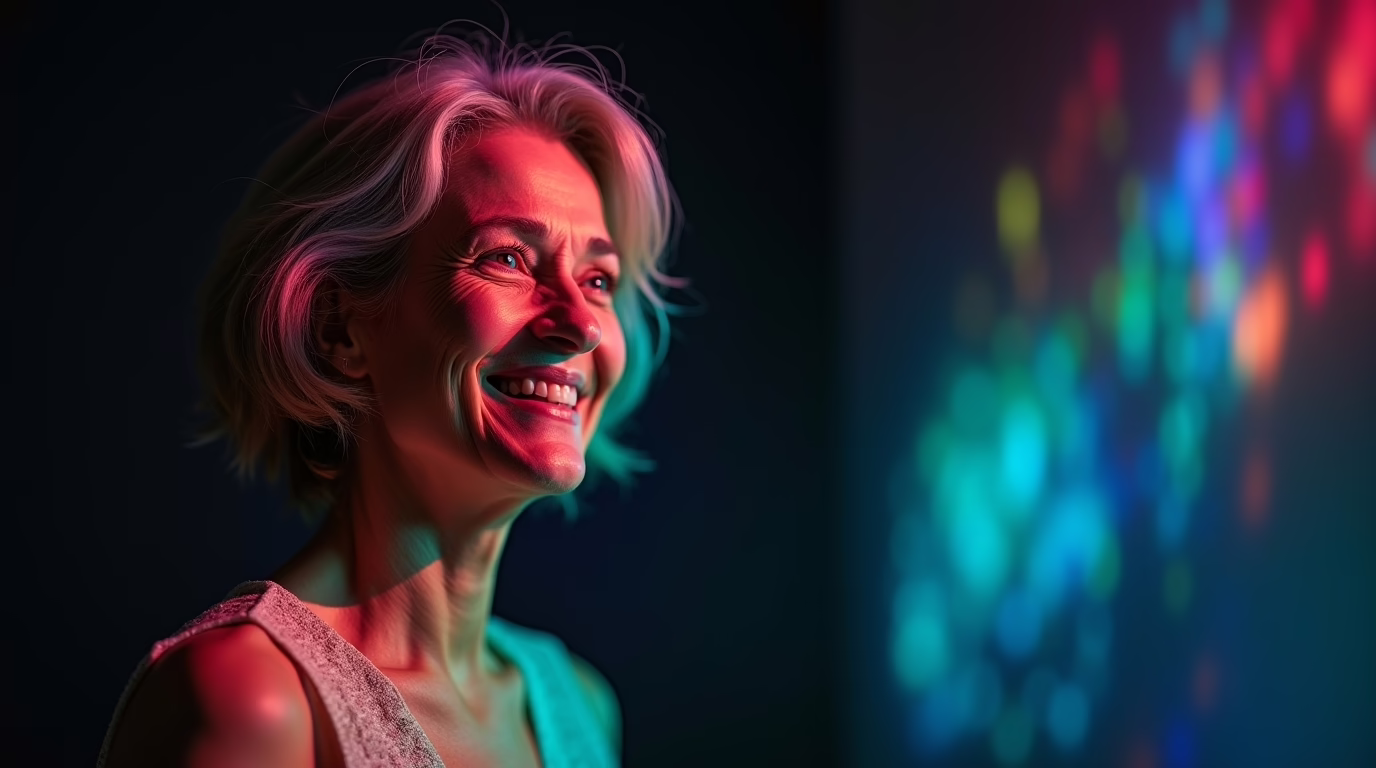 Eine lachende Frau mit grauen Haaren vor einer mit bunten Lichtern erleuchteten dunklen Wand.